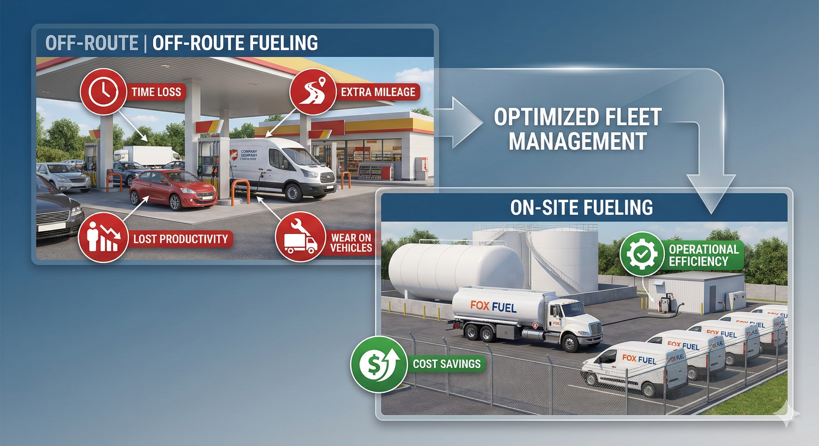 Visual comparison of fleet yard on-site fueling efficiency versus off-route gas station fueling showing time and cost differences